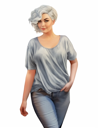 Realistic watercolor full body glamourous fat woman with casual blouse and jeans and heels, beautiful fat woman face with long eyelashes glamourous style, 35 year old lady with grey short hair, clipart, cozy, bright warm colors, 1500x500 pixels, walking in the park, Children's Book Character, watercolor illustration, realistic, 8k,