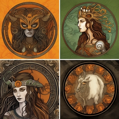 Produce a series of clipart images with a lifelike quality, showcasing Celtic mythology and folklore symbols. Employ a mix of traditional and digital artistic mediums to create visually striking illustrations. Draw inspiration from renowned artists like Jim Fitzpatrick and their interpretations of Celtic mythology. Experiment with lighting techniques to add depth and dimension to the symbols, using warm and earthy tones to evoke a sense of ancient mysticism