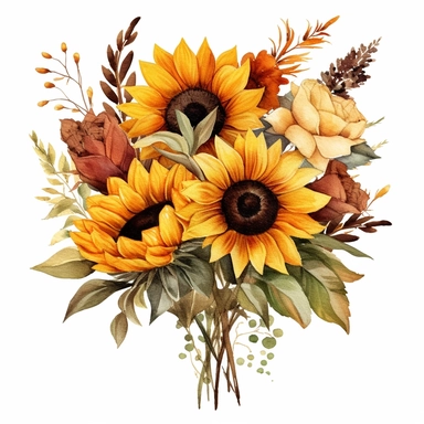 watercolour bouquet of sunflowers clipart, hd, detailed, earth tones, white background, spaced out