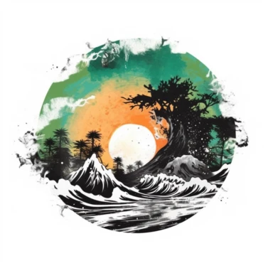 Kawanabe Kyōsai Black White Green Watercolor Paintsplash Beach Ocean Retro Sunset Clipart Colorful and white Background