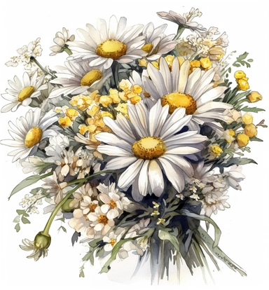 DESIGN A MAGNIFICENT AND EXQUISITE BREATHTAKING ONE-OF-A-KIND HIGH QUALITY HIGHLY DETAILED MASTERPIECE WATERCOLOR CLIPART ILLUSTRATION OF A bouquet of daisies is illustrated with a bow, in the style of kinuko y. craft, captivating