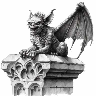 an intricate ink drawing of a gargoyle on a ledge, black and white, white background, clipart