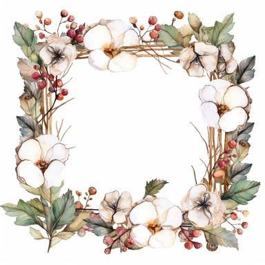 cotton Floral, square Frame, Watercolor Clipart, Cartoon style, Webtoon Resources, White Background