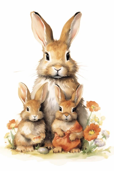 detailed watercolor illustration of mother bunny sitting wit cute baby bunnies on her lap, anthropomorphic, model pose, clipart, plain isolated white background, 8k ultra detail high sharpness