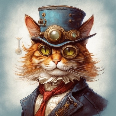 hyper-realistic Whiskers Through Time- Royal attire: Steampunk attire: Style the cat in a steampunk-inspired outfit, incorporating elements like goggles, leather accessories, and gears for a whimsical, retro-futuristic look, Cats in History Clipart, watercolor for sublimination, high resolution
