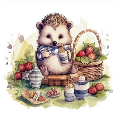 Happy Picnic Hedgehog Sublimation Set, outline watercolor hand draw Illustration clipart, 4K, extremely detailed