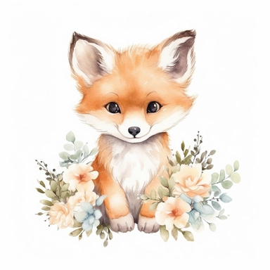 watercolor spring baby fox woodland creature on white backgroung, nursery decor, baby shower clip art, cute design