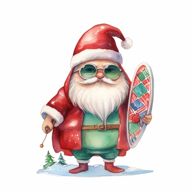 A watercolor painting of cute fat Santa's red hat and sunglasses, holding a surfboard and standing on a beach, cute big eyes, red and green Christmas shawl, cute detailed digital art, whimsical and cute, cute detailed artwork, glimmering, art, Clipart style