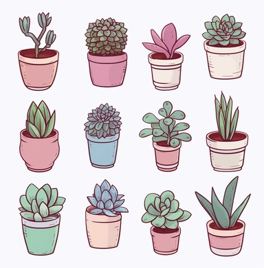 various potted succulent plants in various colors, in the style of minimalist pen drawings, light purple and light aquamarine, ricoh ff-9d, subtle expressions, y2k aesthetic, agnes martin, dark pink and light green ,white background,clipart,clip art