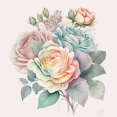 soft colorful pastel colored rose bouquet clipart, soft and subtle, colorful fairy pastel colors watercolor style, fawncore, pastel roses only, dreamy pastel colors, muted pastel colors, plain white background, use of fabric, excellent depth of shading in soft watercolor style, watercolor artwork, plain white background for transparent editing