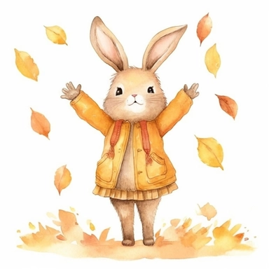 Cute HARE clipart ,happy expression, standing in dynamic pose, autumn outfit,front view, in the style of watercolor cartoon clipart, kate greenaway style, high resolution, composition free space, pastel color scheme, soft and tender, watercolour clipart,
