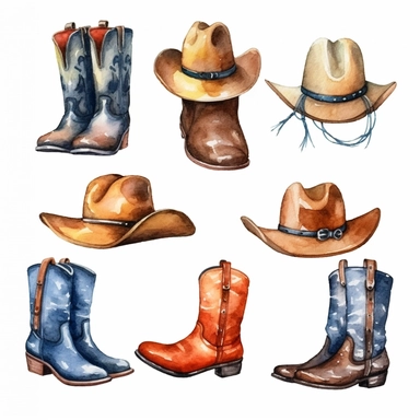 watercolor cowboy hats and boots, illustrations clipart set, simple, cartoon elements, different variants, separate elements with a margin