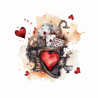 a steampunk device blowing out red heart poker cards, watercolor style, clipart, white background