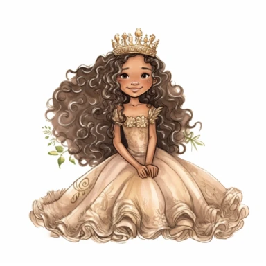 a happy latin american fairy who has big beautiful eyes and long hair, she wears a frilly ball gown and a tiara. Cut out clipart, watercolors, no shading