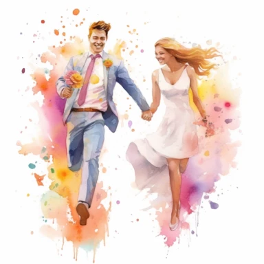 closeup photo of wedding couple in watercolor, Athletic couple running hand in hand, with a burst of confetti in the background, watercolor, Pixar style, Clipart on a white background