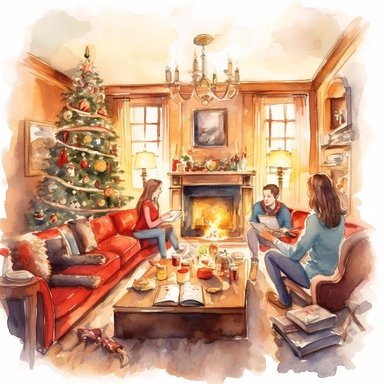 Illustrate a watercolor clipart of a cozy living room adorned with candles, a beautifully decorated Christmas tree, and people singing carols together. Capture the warmth and joy of the holiday season.