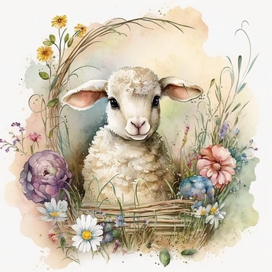 an adorable watercolour easter baby lamb with big eyes surrounded by flowers and easter eggs clipart, in a cozy and rustic barn. The lamb is sitting on a bed of hay, with baskets of colorful easter eggs and bouquets of wildflowers nearby. The atmosphere is warm and inviting, with a touch of nostalgia. Artwork, painted with watercolors and ink