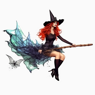 a beautiful red witch flying, flying Bats, old messy, dirty, blue black and green dark gothic theme clipart on a white background