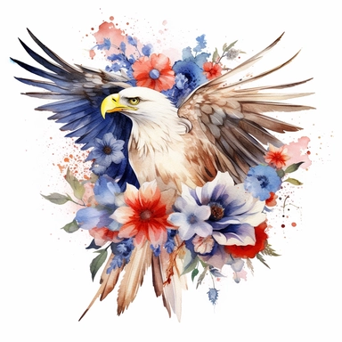 American flag, American, America Eagle, one nation under god, Clipart watercolor, architect, travel, bouquet, eagle bird, no watermark, text, brush , 300 DPI , typography, shapes do not stick together, no text in the picture, on a white background