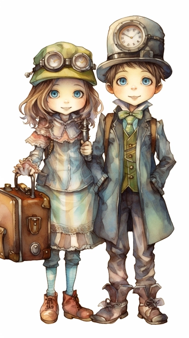 watercolor steampunk girl entire body and steampunk boy entire body with a steampunk suitcase by her side and holding a cute steampunk doll in her arms, illustration clipart by holly hobbie and mary engelbreit