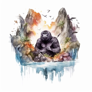 realistic watercolor gorilla meditate under the waterfall with fish jumping out of the water on solid white background, clipart