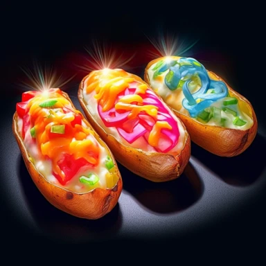 Classic loaded potato skins, bold colors, retro neon style, photorealistic, high-resolution photography, transparent background PNG clipart – ar 16:9