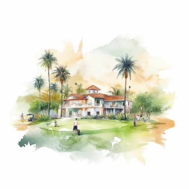 Idyllic watercolor clipart of golf clubhouse scene with golfers and palm trees in Springtime on isolated on a pure white background--ar 1:1