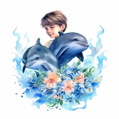 watercolor two sweet boys swimming with shells and dolphins in the sea, flowers clipart on white blackground
