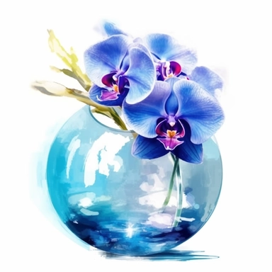 Beautiful vivid watercolor blue orchids, fancy round glass vase, creative décor, illuminated with the sun’s rays, isolated white background, clipart, hd quality
