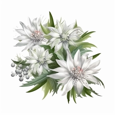 Edelweiss Bouquet Beautiful Realistic Creative. Emotional. Detailed, cartoon clipart watercolor. Artistic Creative Clipart. Isolated white background. Charming
