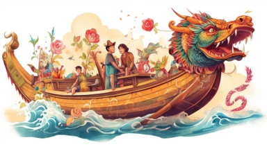 a clipart image of a chinese dragon boat with two people on board, in the style of colorful muralist, childlike illustrations, jacob jordaens, children's book illustrations, mixes realistic and fantastical elements, close-up intensity, joyful celebration of nature,32k uhd