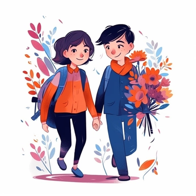 girl and boy with bouquet of flowers together go to school illustration, children storybook illustration. 2d, vibrant luminous colors, flat style, ink Lines, clipart, white empty background, sharp, high resolution, blue orange warm