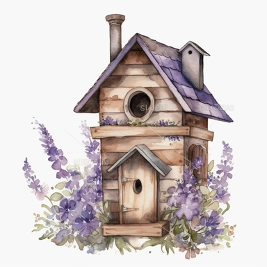 Clipart, lavenderaround wooden bird house, watercolor, whimsical, enchanting, nostalgic, minimalistic