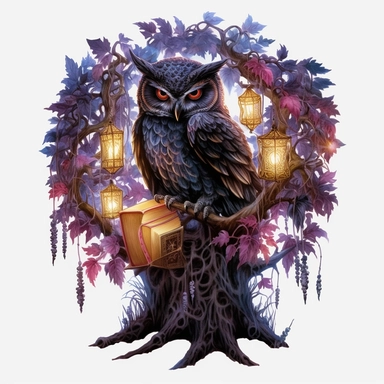 Watercolour dark fantasy black royal gothic deadly nightshade tree stood with dark magic books with deadly nightshade lanterns magnificent gothic owl stood on tree with mesmerising compelling features perfect magnificent detailed wings beautiful compelling realistic eyes PNG image ultra highly detailed, 18k, sharp focus, bright photo with rich colours digitally enhanced, enhanced graphics, straight, sharp focus, bright lighting, intricate detailed png image ,high definition,300dpi,graphic clipar