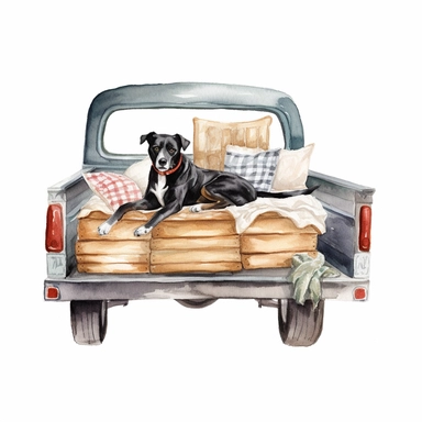 dog in the bed of a truck watercolor clipart single design, 8k
