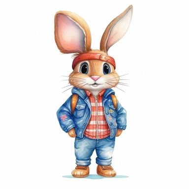 A detailed illustration of a very cute and friendly bunny with a big personality, , wearing clothes, Hand drawn watercolor clipart in the style of Nidhi Chanani on white background