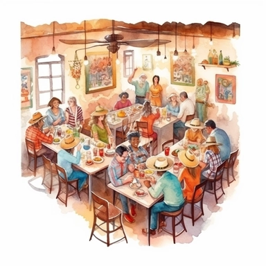 Indoor of Mexican restaurant full of guests realistic detailed, watercolor clipart, white background