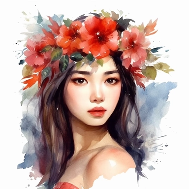 watercolor style, asian-origin girl with flowers on her head clipart, isolated on white background, hd