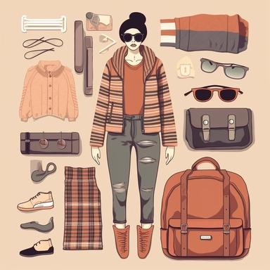 create a women's fashionable clipart illustration showcasing the unique blend of minimalist, millennium generation, oversized plaid shirts, retro pastel, and earth tone fashion trends seen in hipster clothing styles. Incorporate elements like vintage-inspired denim, oversized glasses, chunky knit sweaters, skirts, tote bag, coffee tumblr, and sneakers in muted pastel hues. Capture the essence of the hipster subculture with an artistic composition that celebrates individuality and a modern, laid-