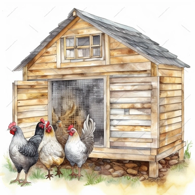 Highly detailed and realistic chickens in a counrty chicken coop Watercolor Clipart, transparent background, watercolor and black ink, on white background, NO TEXT,NO WATERMARKS