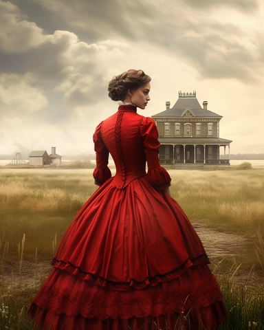 detailed beautiful lady , dressed in a red victorian vintage dress on a big open farm, wide angle, long shot, with a house far from her as her background, hyper realistic, 8k, isolated on white backgorund, clipart