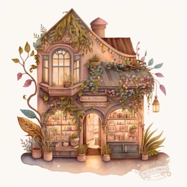 A cozy watercolor clipart image of an old fairy shaped bookstore with intricate details, the storefront should display different angles, the storefront should have various foliage, vines, and trees on it. night-time lighting, enchanting lighting, various styles of buildings and european cultures,neutral and muted tones, delicate subtle colors,
