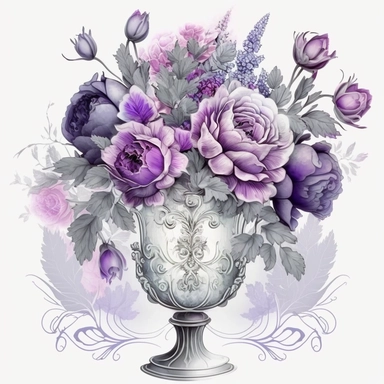 beautiful bouquet of purple flowers in crystal vase, romantic, shabby chic, ethereal. clipart style