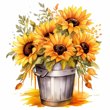 romantic clip art orange sunflower flowers is shown in a watercolor style, gentle strokes, vintage, in a wooden bucket, in a bouquet, yellow and dark yellow petals, isolated on a white background, fairytale-inspired