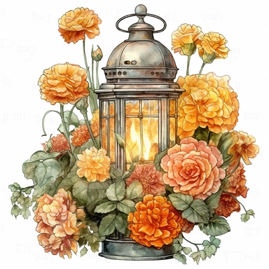 Marigolds, Begonias, Alliums, roses, flowers, plants growing outside a lantern, dreamy, clear, clipart, white background