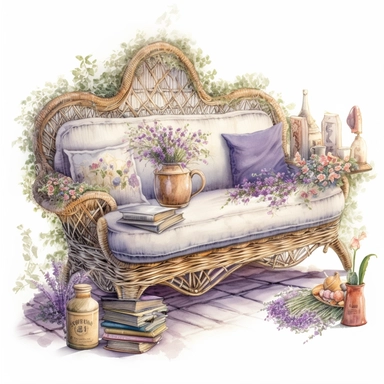 watercolor mixed media masterpiece a elegant white village wicker Lavenderpunk sofa, richly decorated with lavender, book shelf, pots with flowers, bedroom interior, provence, floral pattern, shabby shic style, by Ivan Fedorovich Choultse style and by Rodney Matthews style and by Vladimir Kush style, Baroque style, PNG clipart, isolated on white, extreme photorealistic details, 32k HD resolution, realistic high detailization high resolution