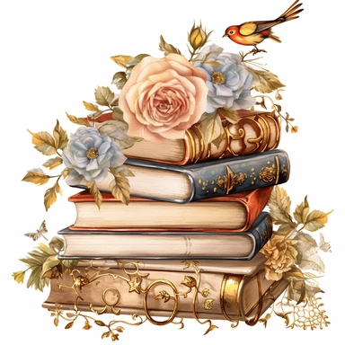 small stack of thick fairy book intricate roman details in watercolor style, wedding, wedding flowers, rose and gold, cottage clipart, ethereal bohemeian, wedding bird, detailed illustration hd, on white background ar 3:2 s 1000