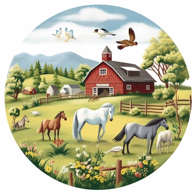 farm scene ponies, horses, clipart