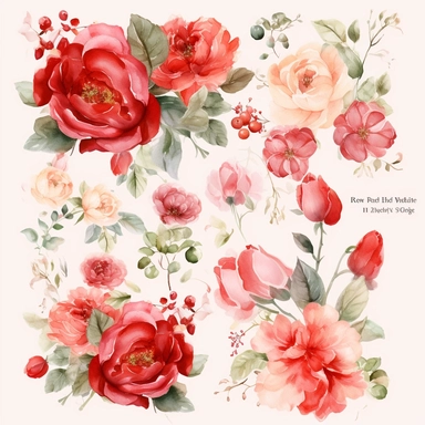 Create a breathtaking collection of ultra-detailed watercolor floral clipart, showcasing the beauty of red and blush flowers in a romantic and elegant style. The clipart should capture the delicate nature of watercolor techniques, highlighting the vibrant hues and soft transitions of each flower. Incorporate a variety of floral elements, with a focus on roses, as they symbolize love and passion. The clipart should be perfect for wedding-themed designs, including wedding invitations, stationery, 