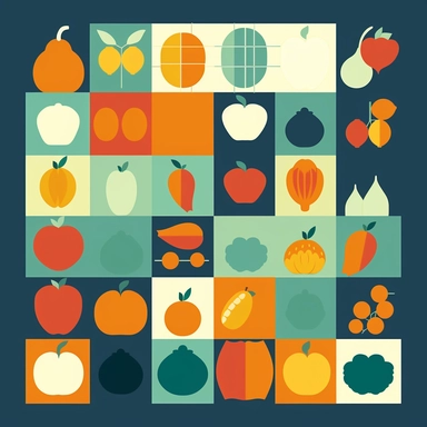 a simple, flat vector mosiac of stylized fruits and vegetables in the style of clipart